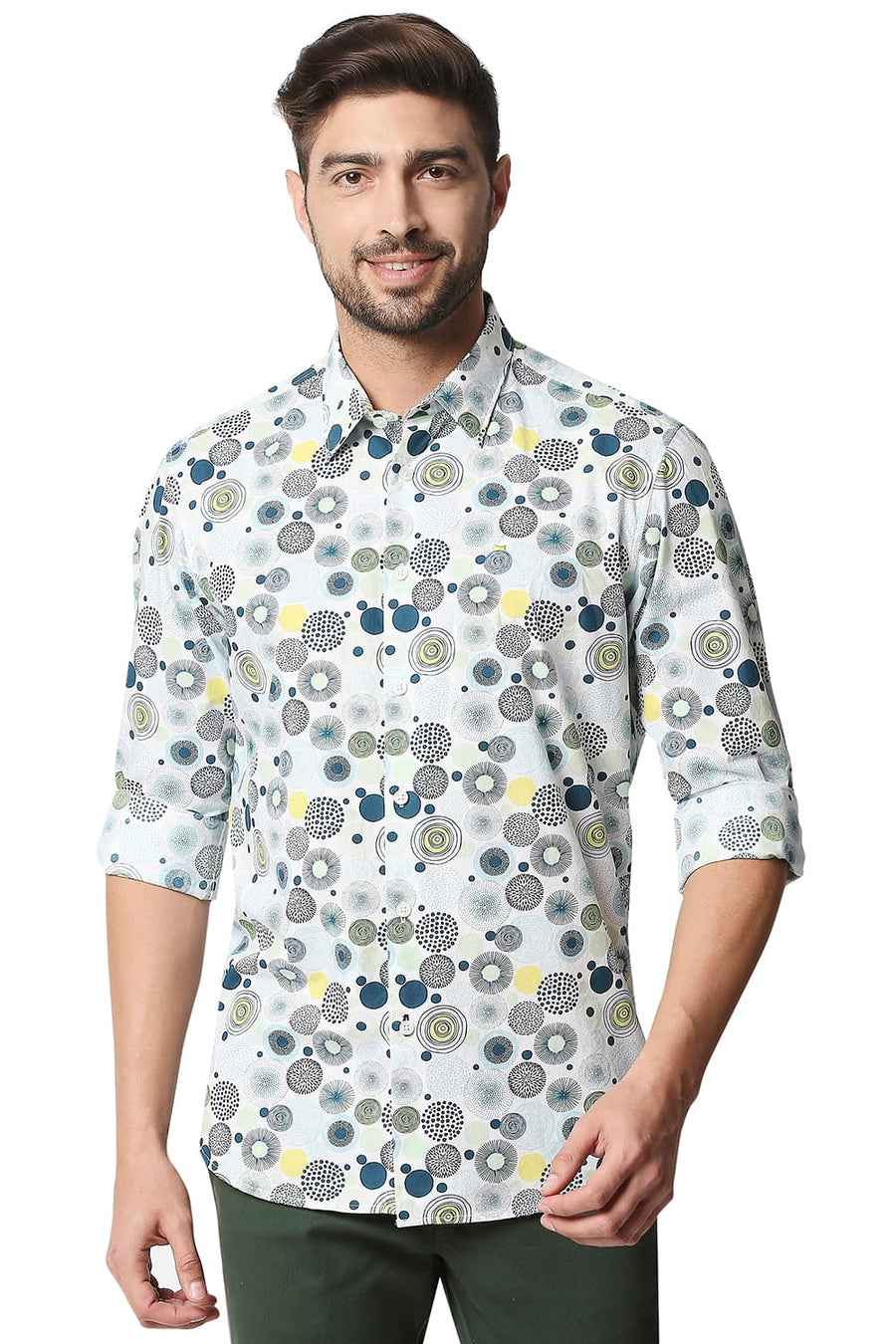 BASICS SLIM FIT LATIGO GREEN POPLIN PRINTED SHIRT