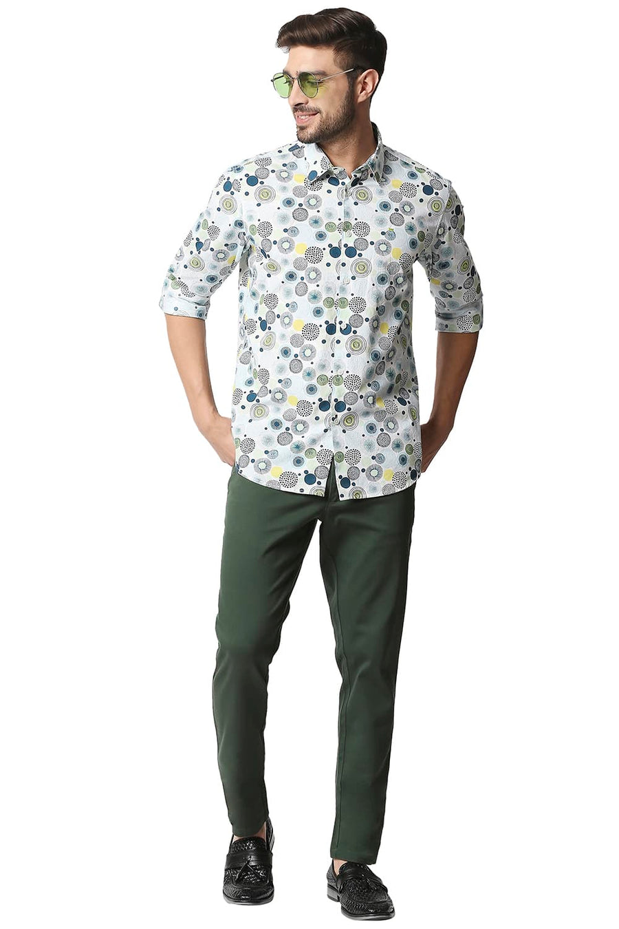 BASICS SLIM FIT LATIGO GREEN POPLIN PRINTED SHIRT
