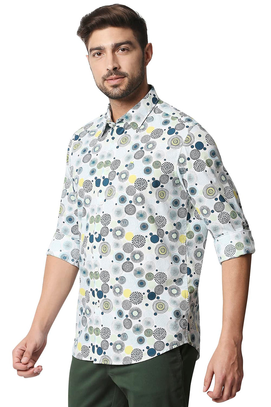 BASICS SLIM FIT LATIGO GREEN POPLIN PRINTED SHIRT