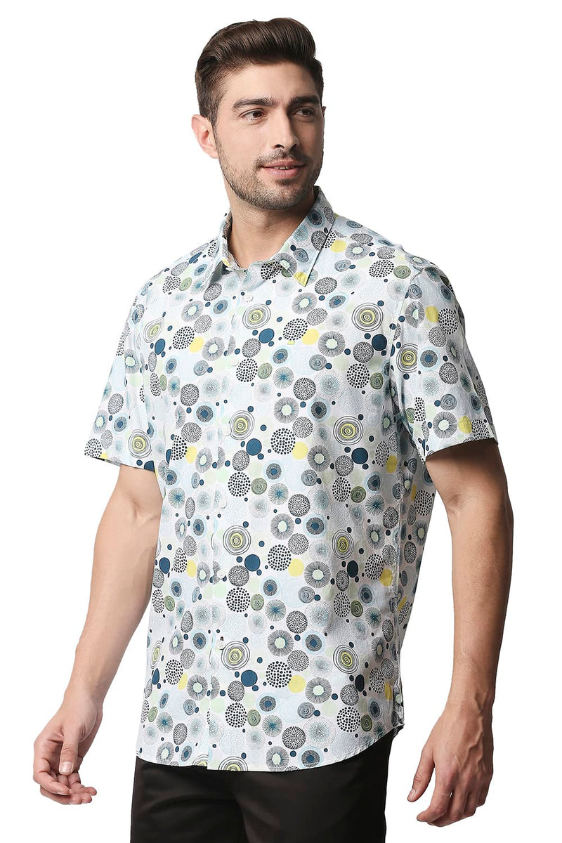 BASICS SLIM FIT POPLIN PRINTED HALFSLEEVES SHIRT