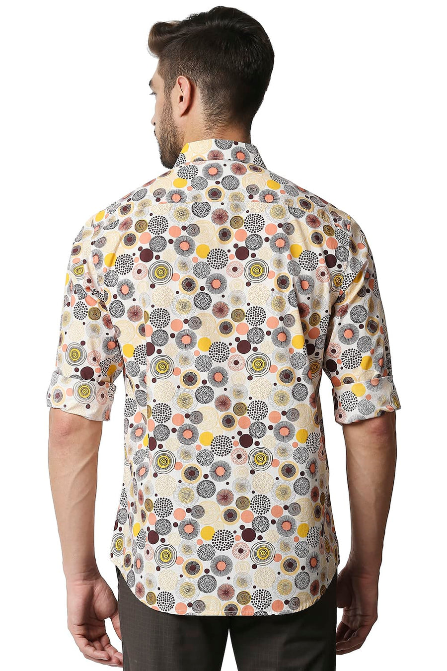 BASICS SLIM FIT FLAMINGO ORANGE POPLIN PRINTED SHIRT