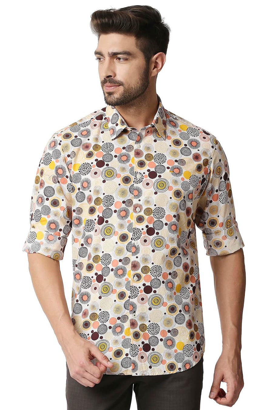 BASICS SLIM FIT FLAMINGO ORANGE POPLIN PRINTED SHIRT