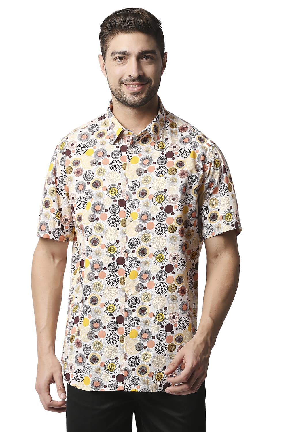 BASICS SLIM FIT POPLIN PRINTED HALFSLEEVES SHIRT