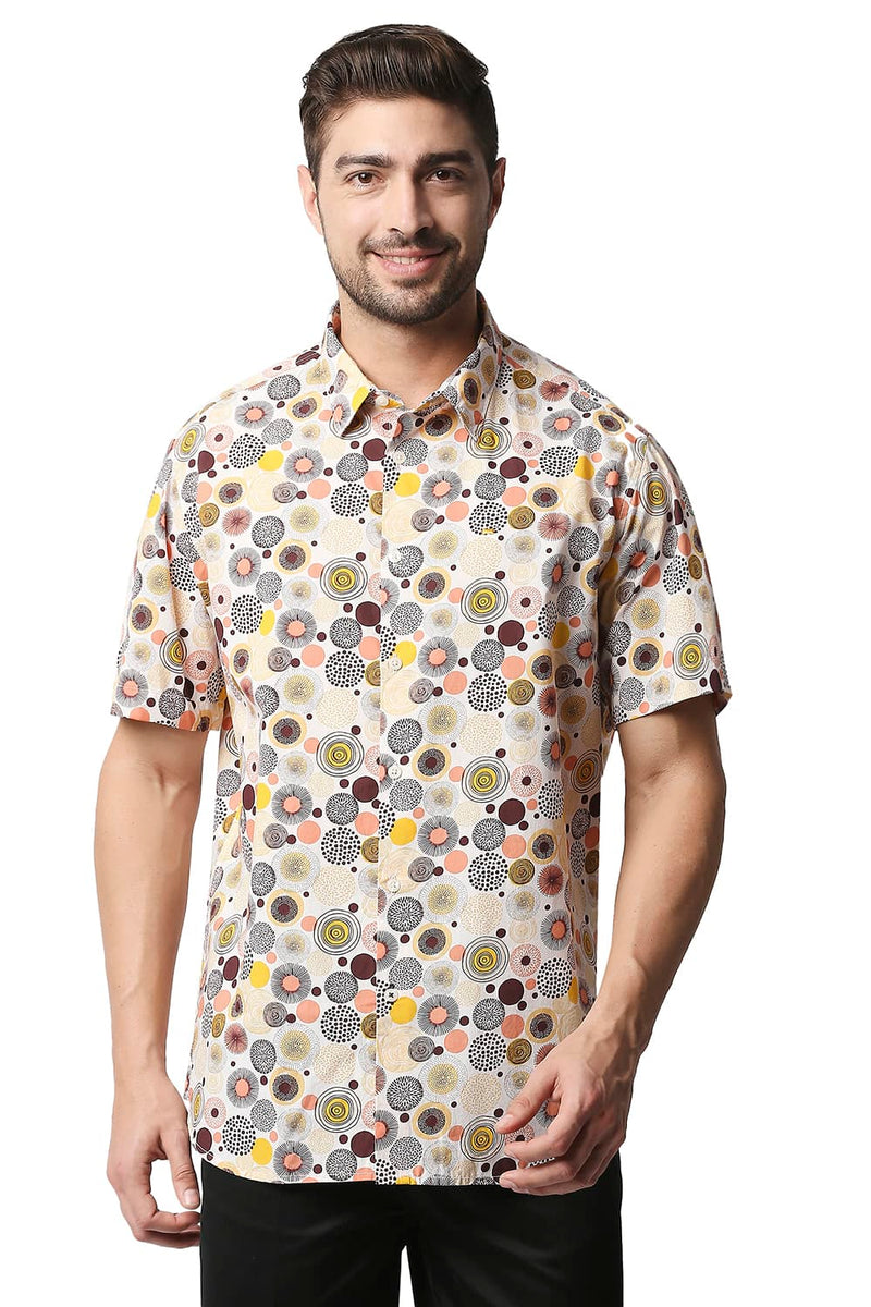 BASICS SLIM FIT POPLIN PRINTED HALFSLEEVES SHIRT