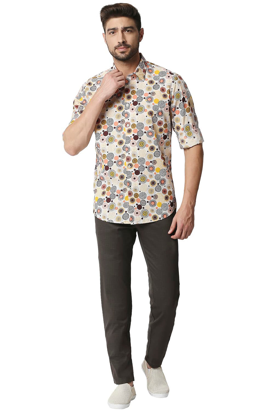 BASICS SLIM FIT FLAMINGO ORANGE POPLIN PRINTED SHIRT