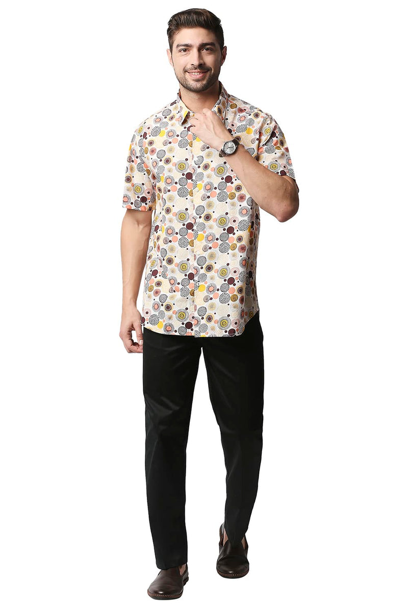 BASICS SLIM FIT POPLIN PRINTED HALFSLEEVES SHIRT