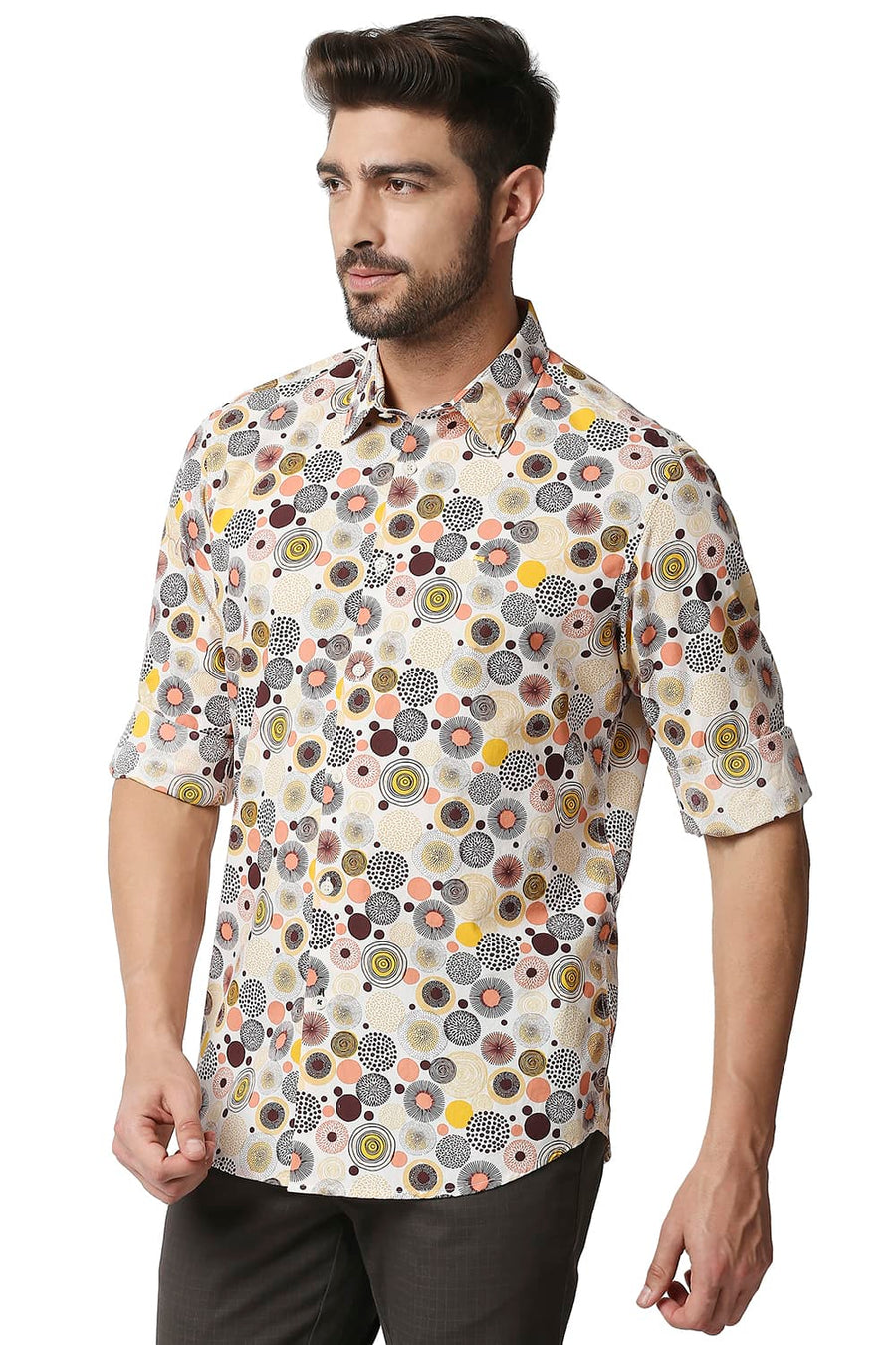 BASICS SLIM FIT FLAMINGO ORANGE POPLIN PRINTED SHIRT