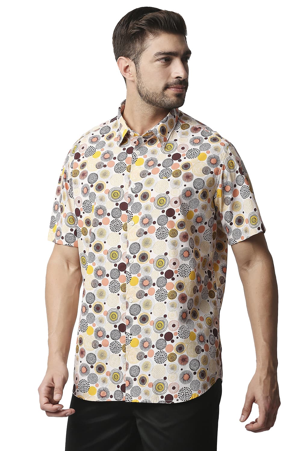 BASICS SLIM FIT POPLIN PRINTED HALFSLEEVES SHIRT