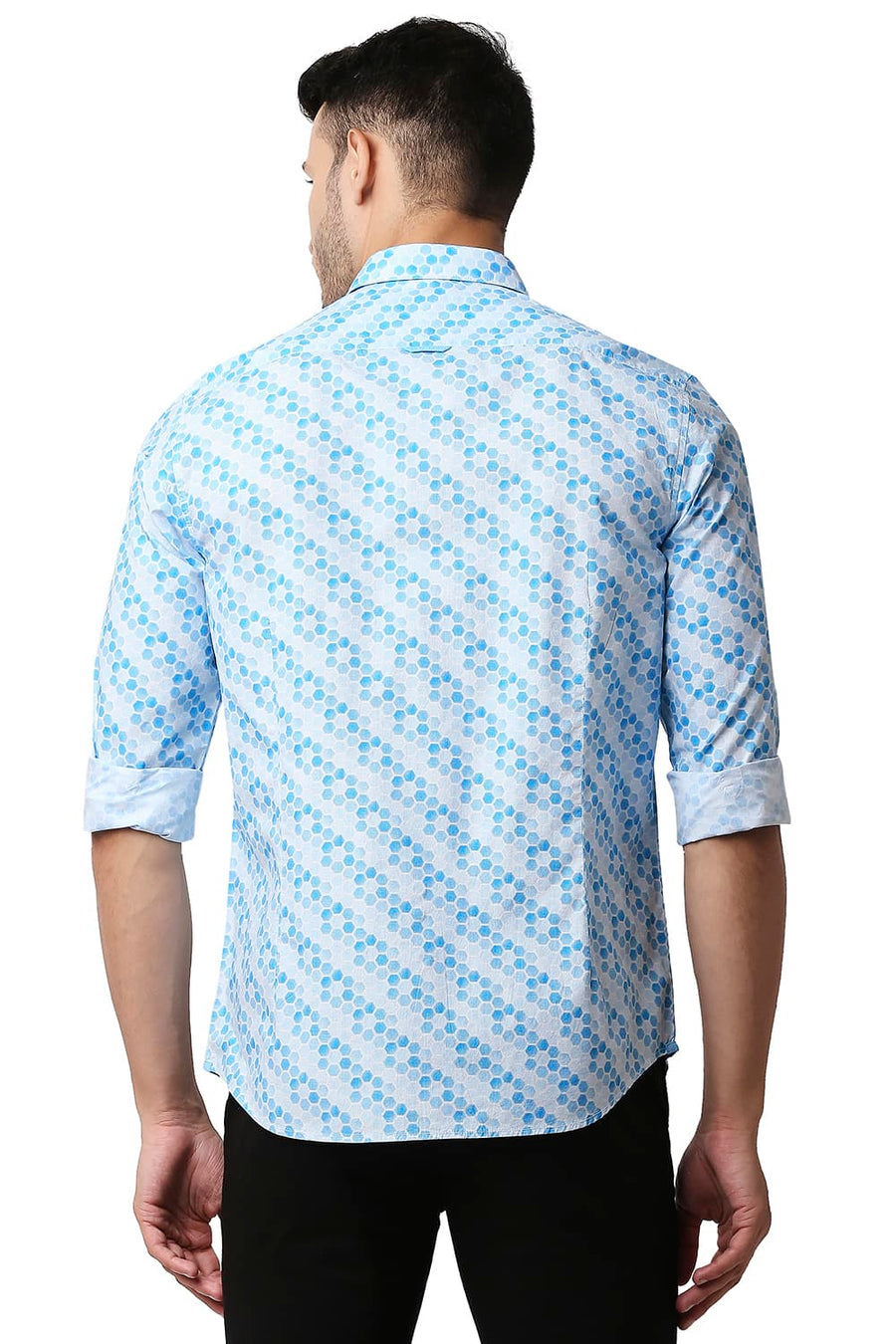 BASICS SLIM FIT BLUE JEWEL POPLIN PRINTED SHIRT