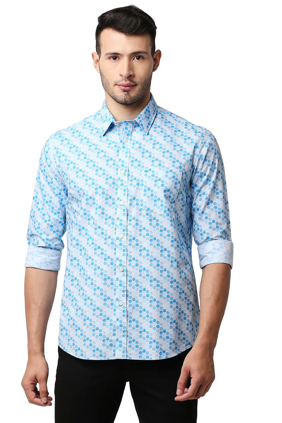 BASICS SLIM FIT BLUE JEWEL POPLIN PRINTED SHIRT