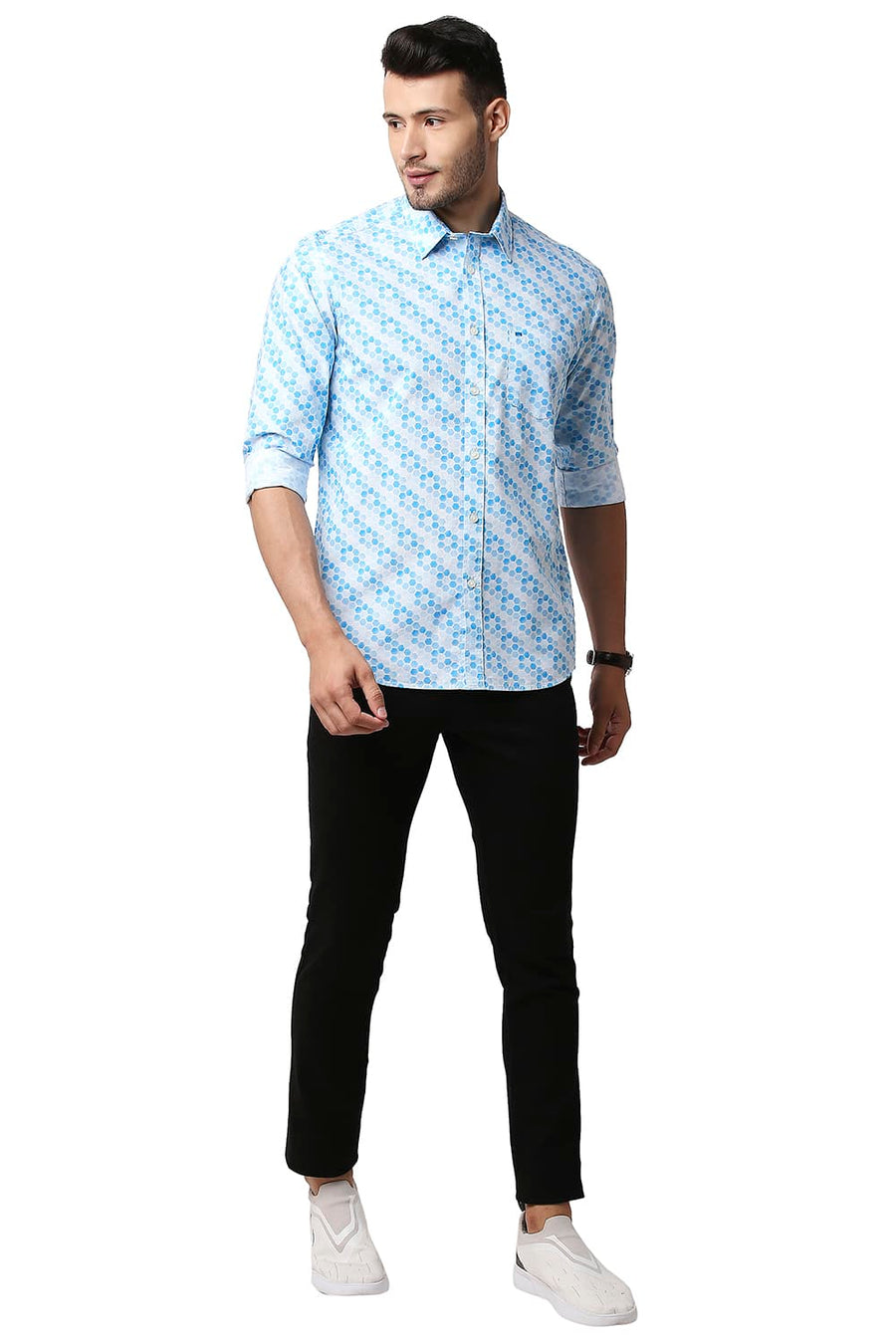 BASICS SLIM FIT BLUE JEWEL POPLIN PRINTED SHIRT