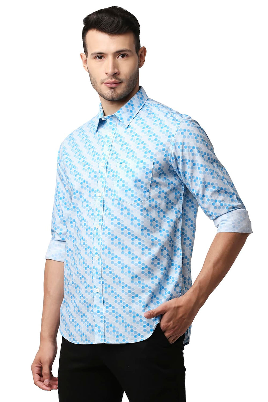 BASICS SLIM FIT BLUE JEWEL POPLIN PRINTED SHIRT