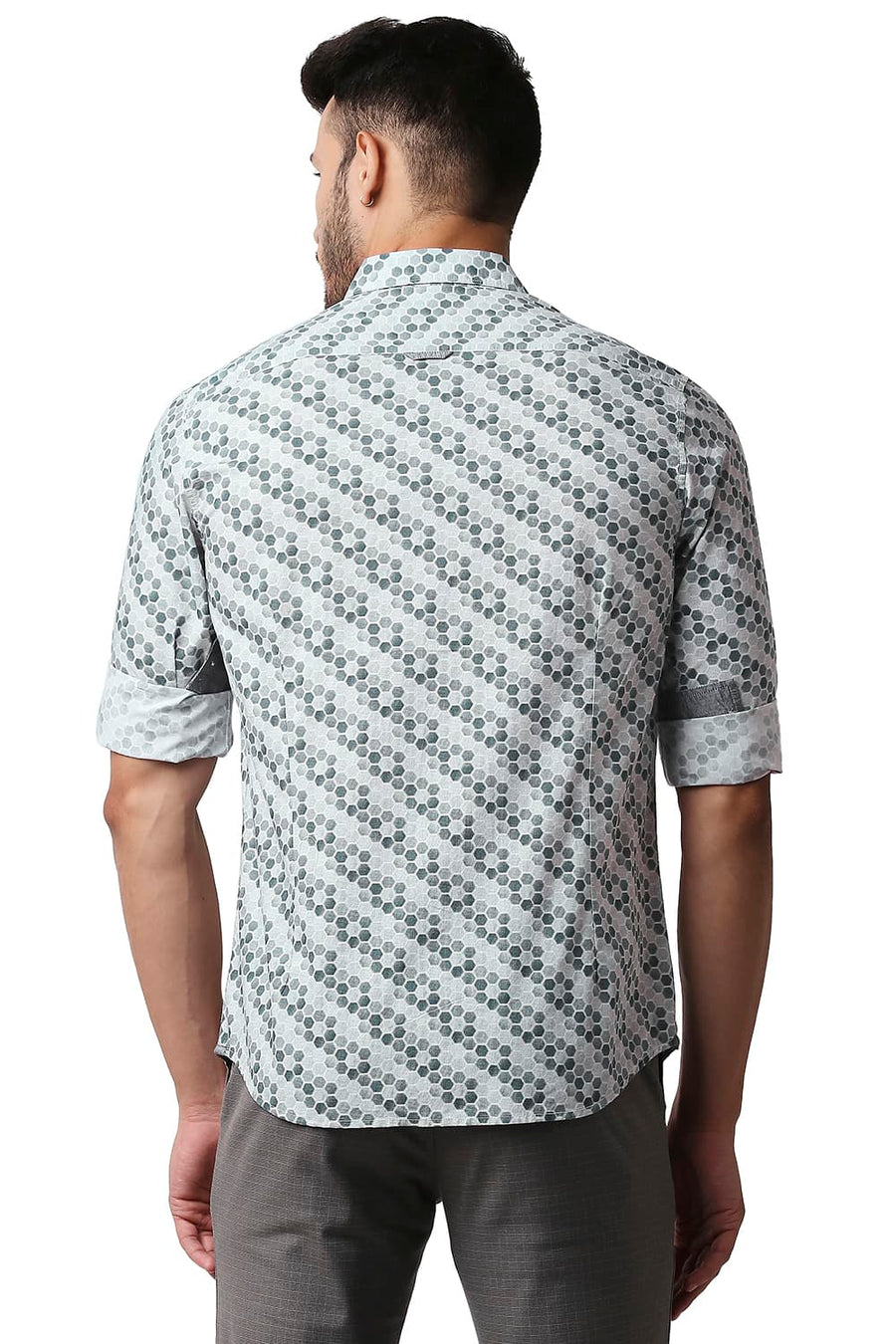 BASICS SLIM FIT SLATE GREY POPLIN PRINTED SHIRT