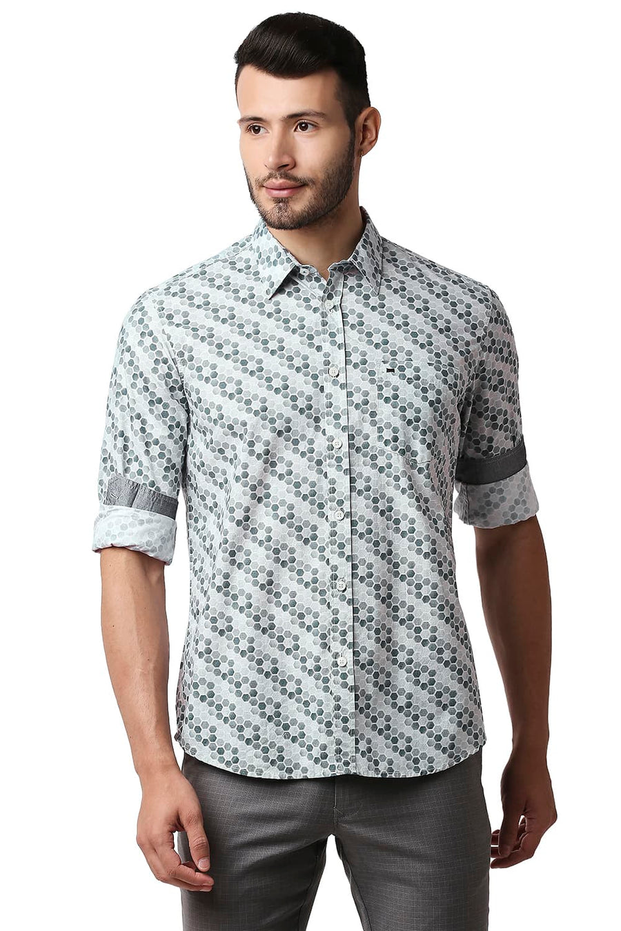 BASICS SLIM FIT SLATE GREY POPLIN PRINTED SHIRT