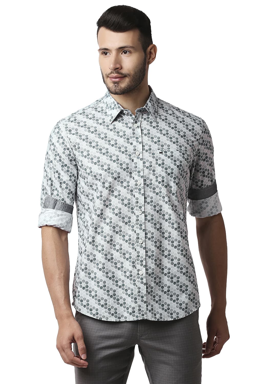 BASICS SLIM FIT POPLIN PRINTED SHIRT