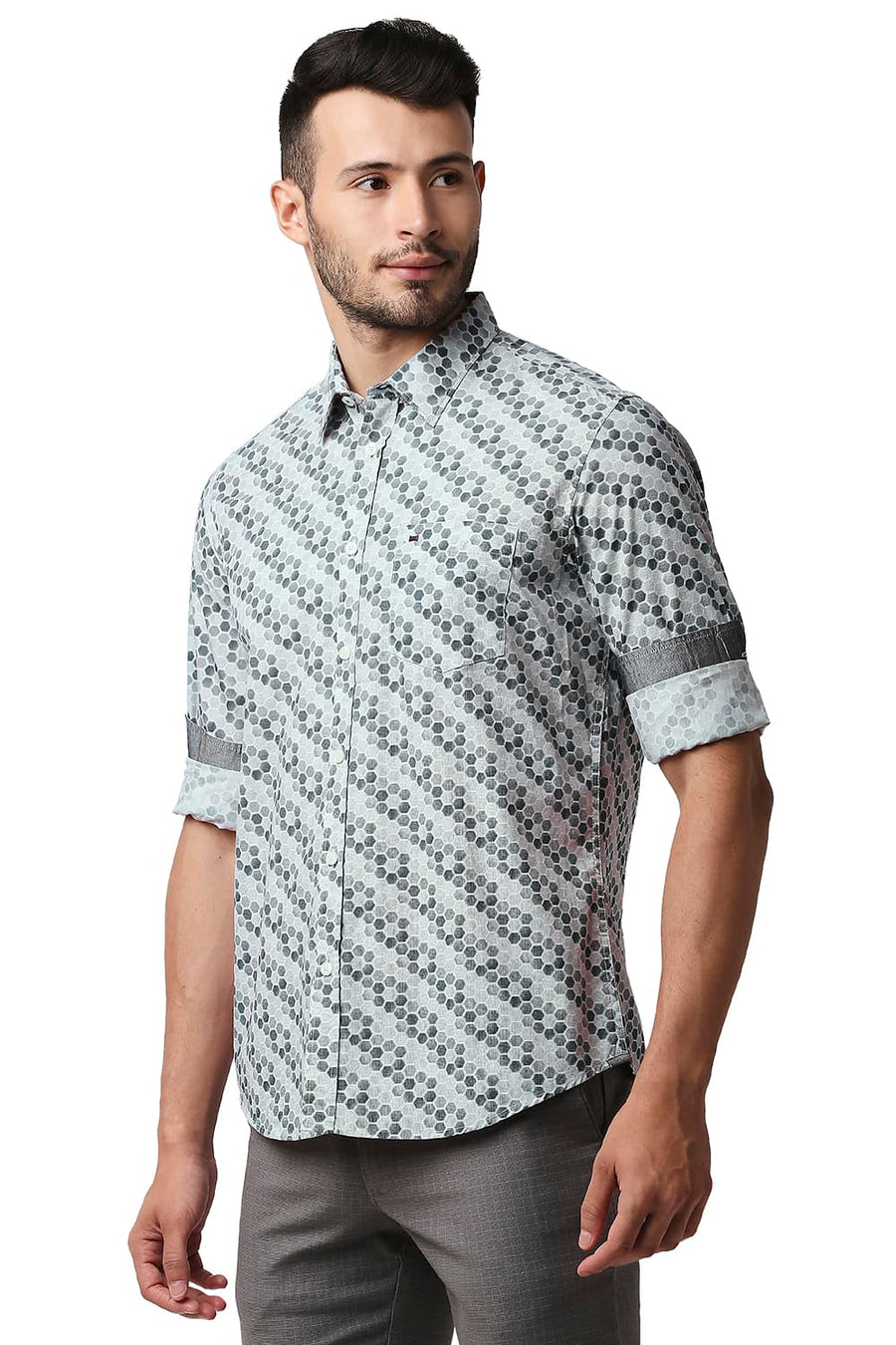 BASICS SLIM FIT SLATE GREY POPLIN PRINTED SHIRT