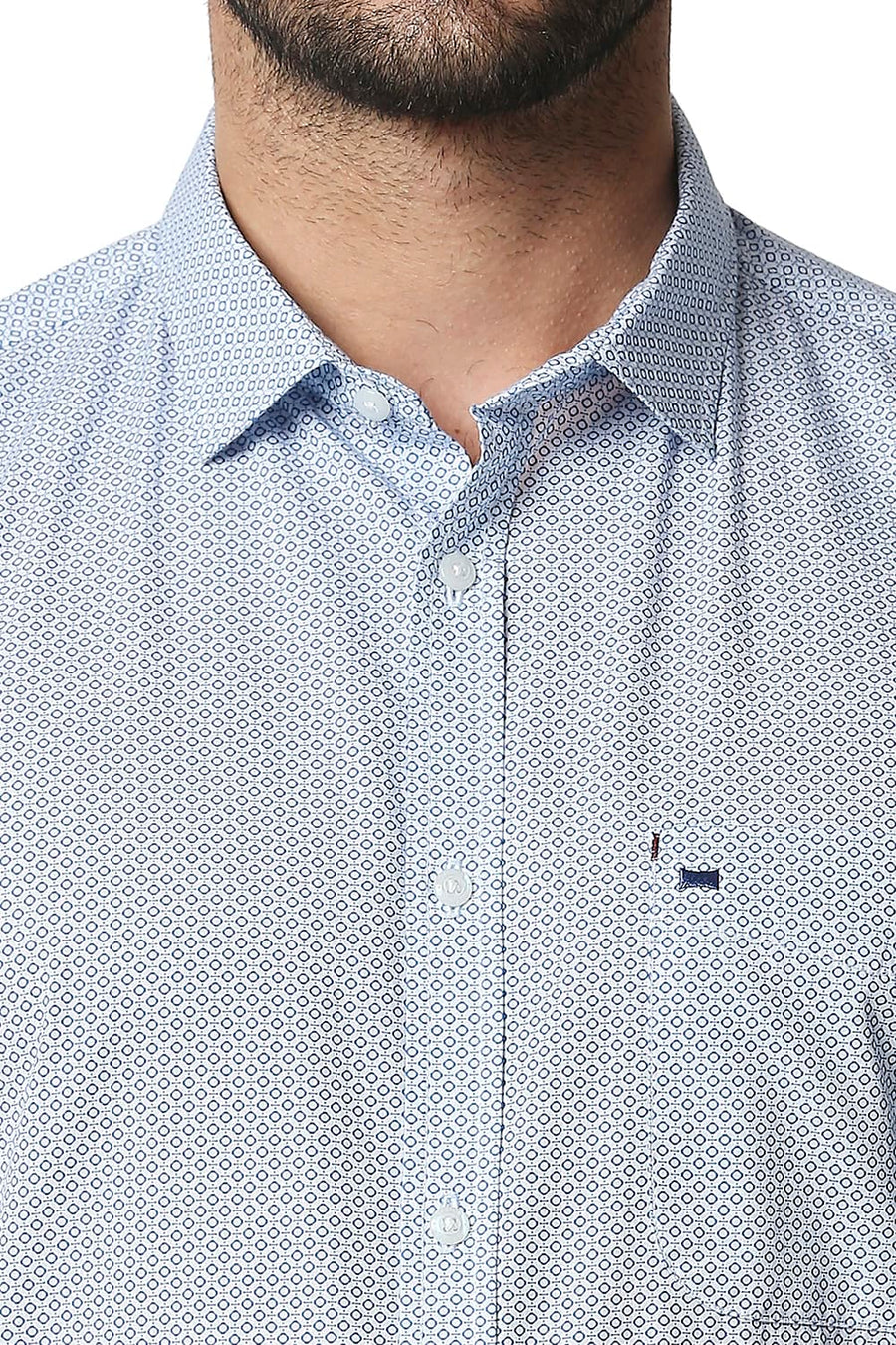 BASICS SLIM FIT OLYMPIAN BLUE POPLIN PRINTED SHIRT