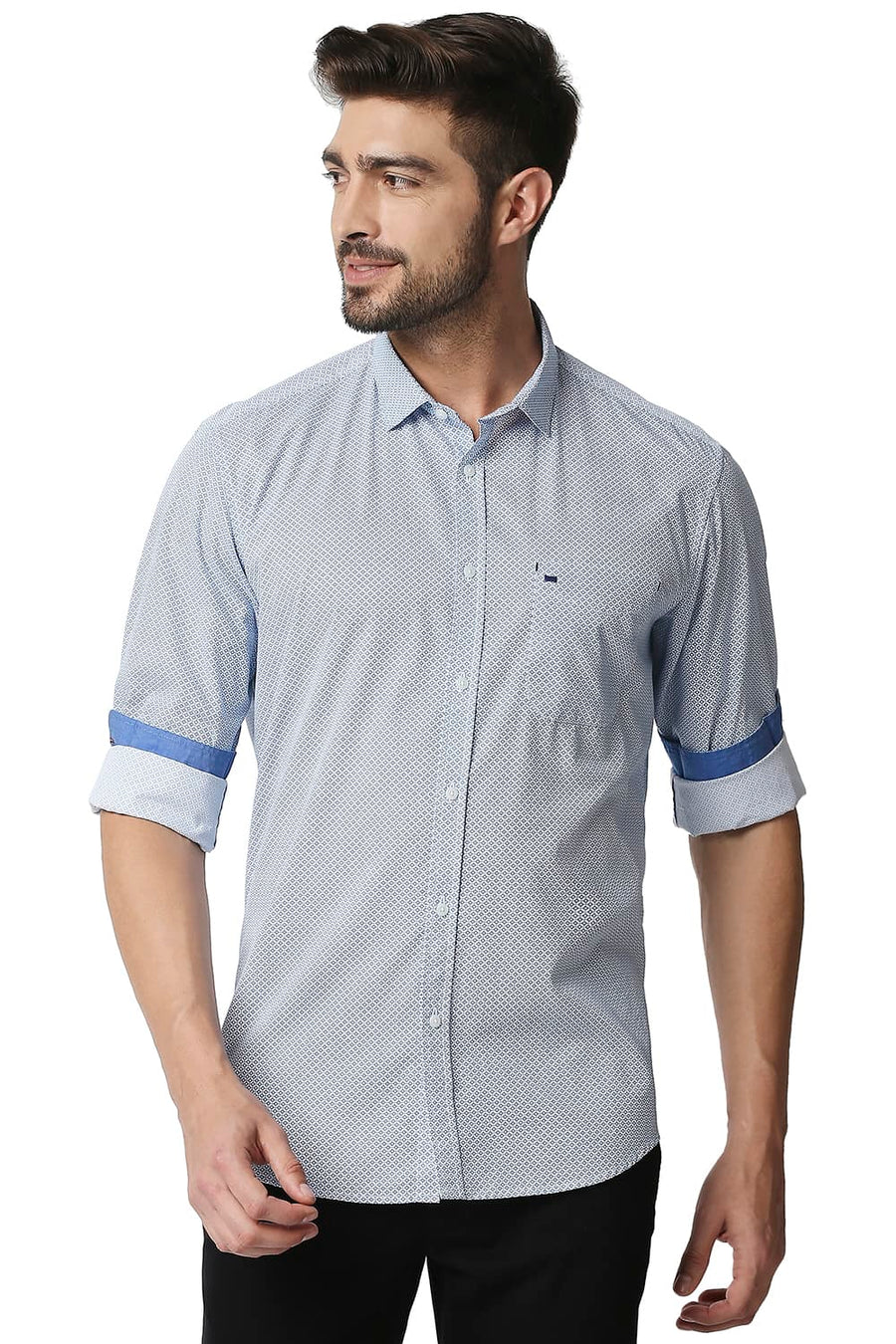 BASICS SLIM FIT OLYMPIAN BLUE POPLIN PRINTED SHIRT