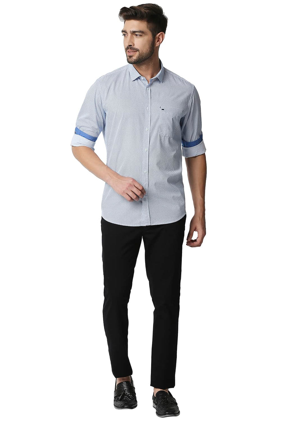 BASICS SLIM FIT OLYMPIAN BLUE POPLIN PRINTED SHIRT