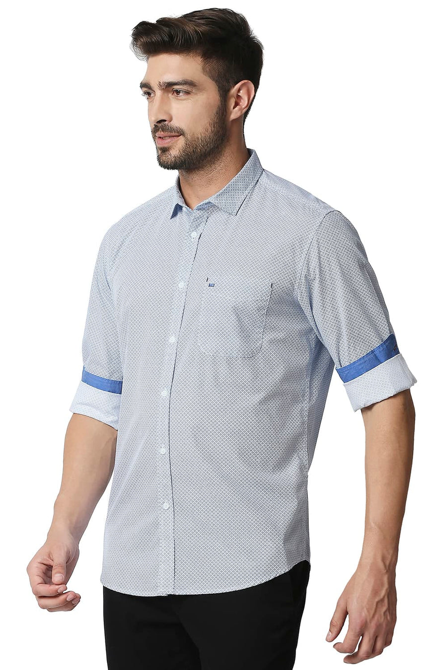 BASICS SLIM FIT OLYMPIAN BLUE POPLIN PRINTED SHIRT