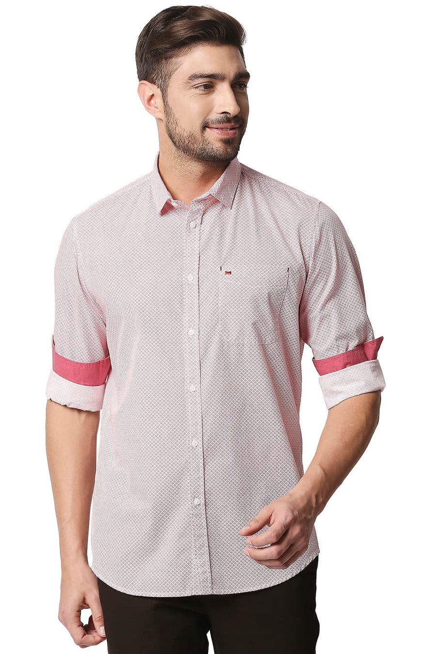 BASICS SLIM FIT ROCOCCO RED POPLIN PRINTED SHIRT