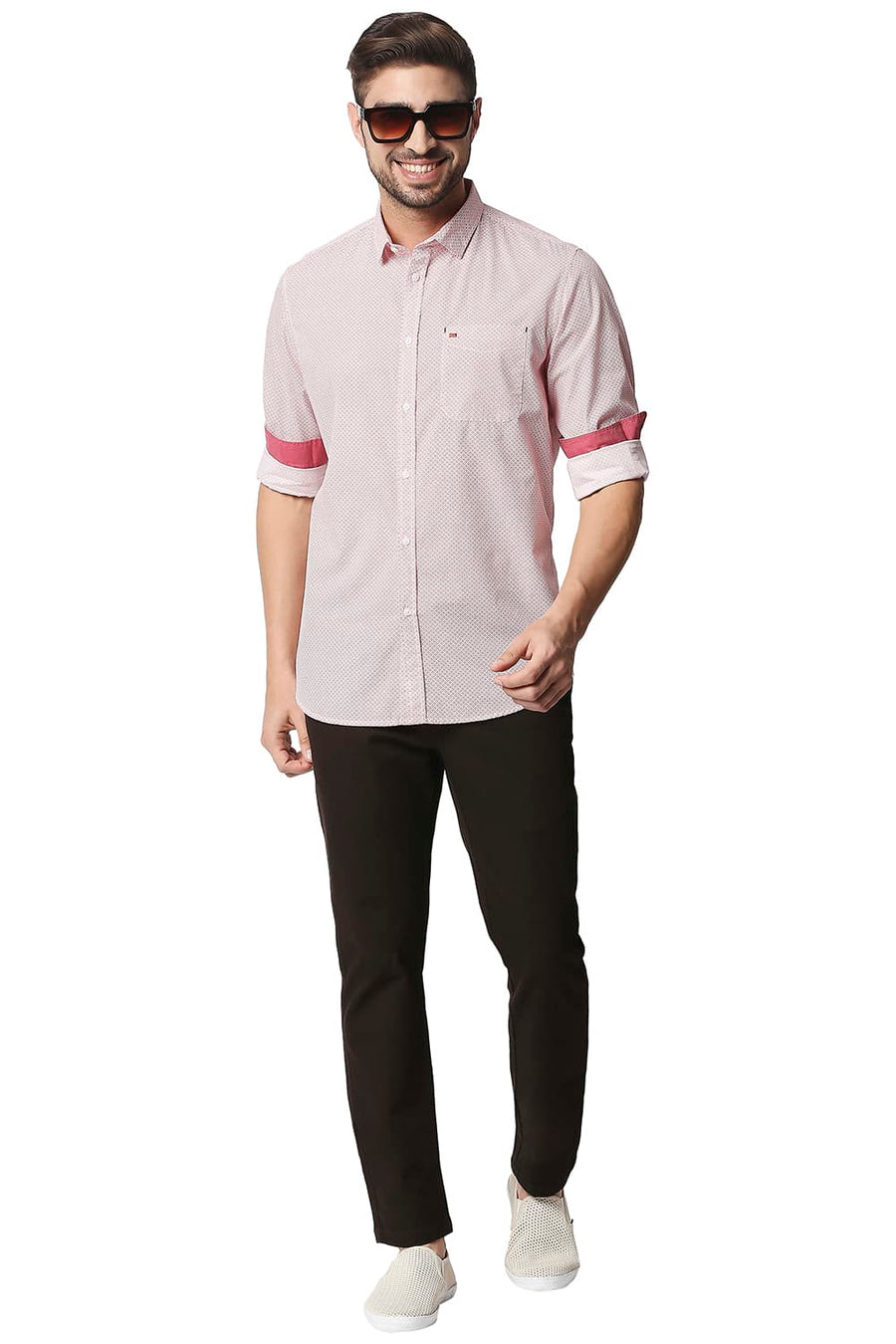 BASICS SLIM FIT ROCOCCO RED POPLIN PRINTED SHIRT