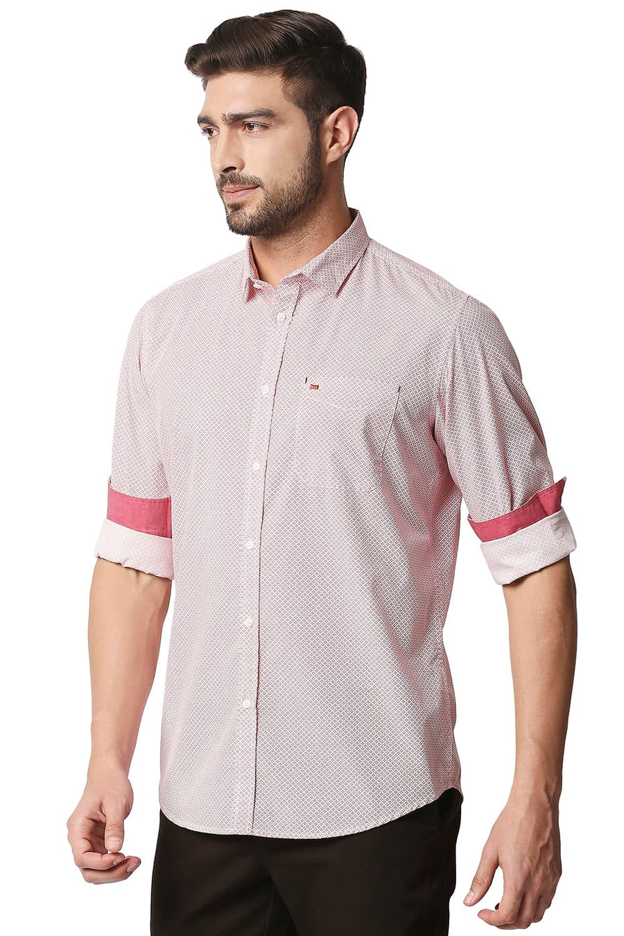 BASICS SLIM FIT ROCOCCO RED POPLIN PRINTED SHIRT
