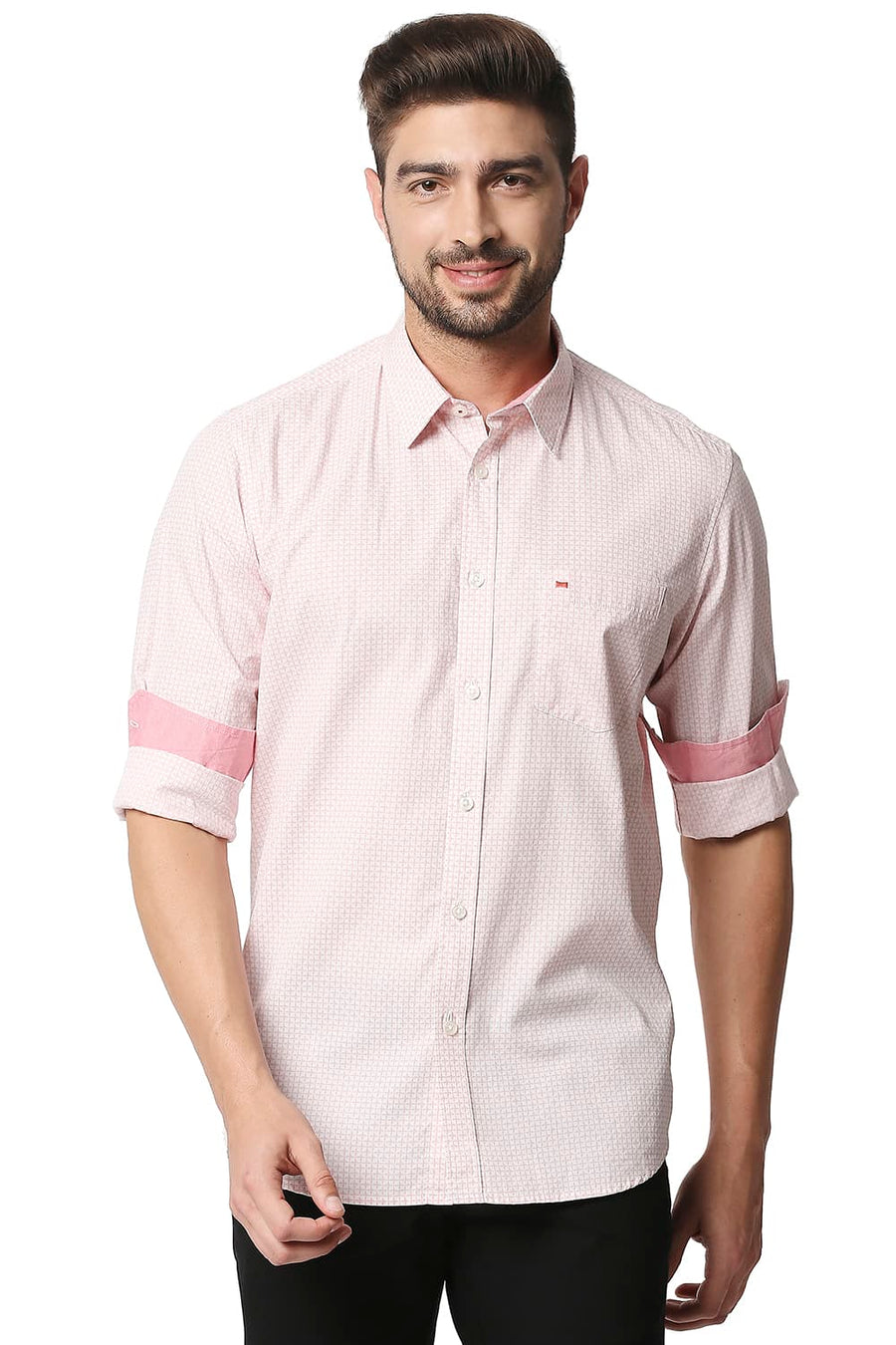 BASICS SLIM FIT POWDER PINK POPLIN PRINTED SHIRT