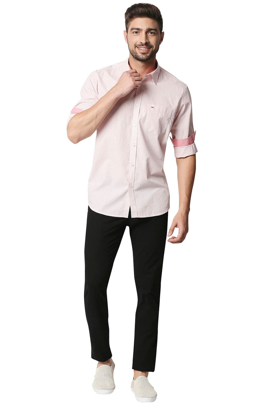 BASICS SLIM FIT POWDER PINK POPLIN PRINTED SHIRT