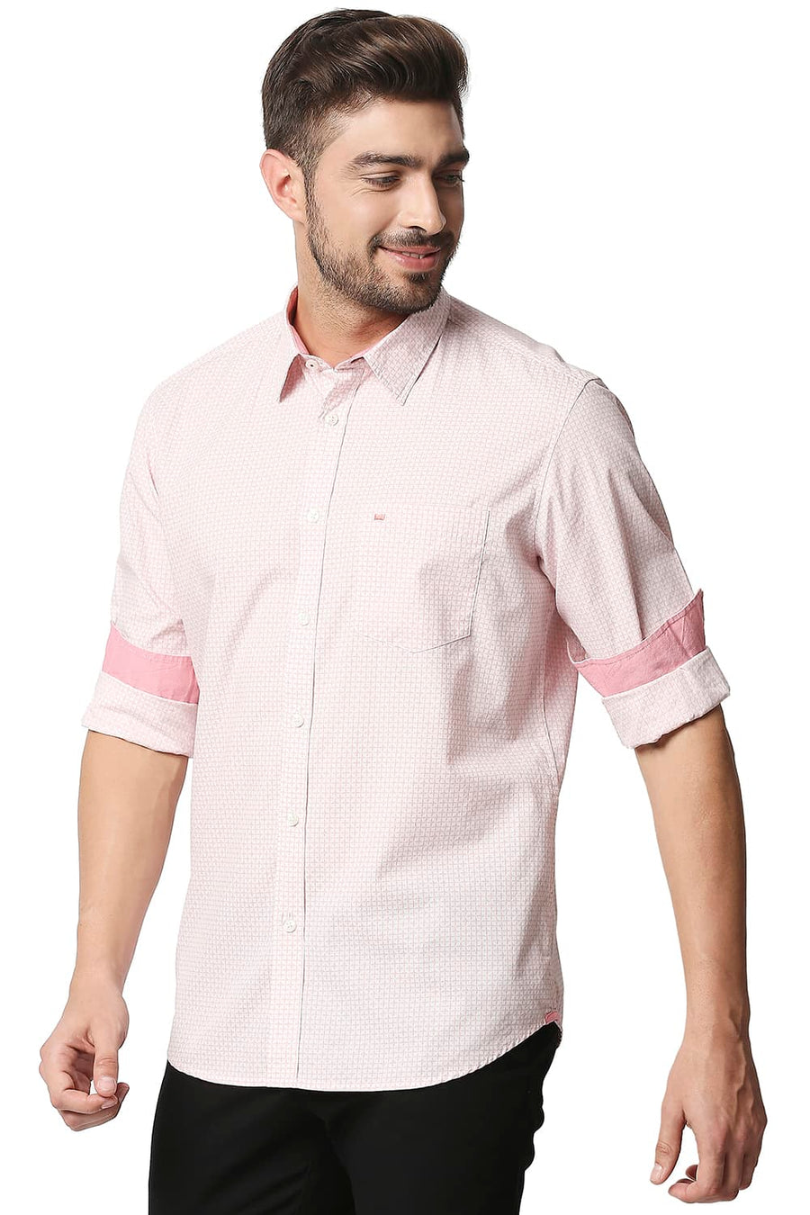 BASICS SLIM FIT POWDER PINK POPLIN PRINTED SHIRT