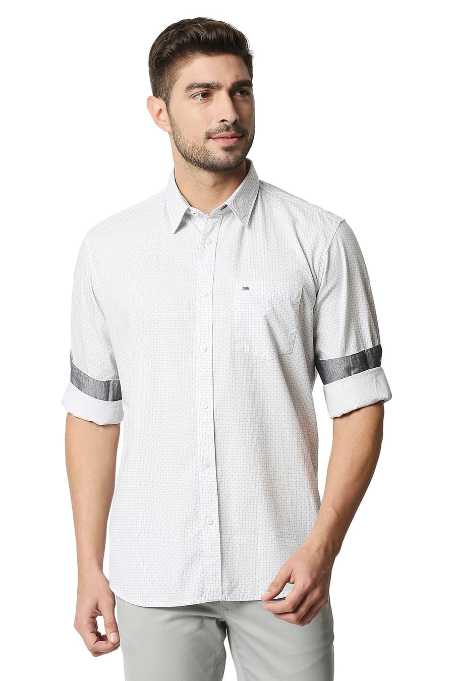 BASICS SLIM FIT CHIP GREY POPLIN PRINTED SHIRT