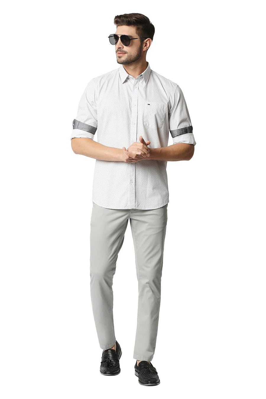 BASICS SLIM FIT CHIP GREY POPLIN PRINTED SHIRT