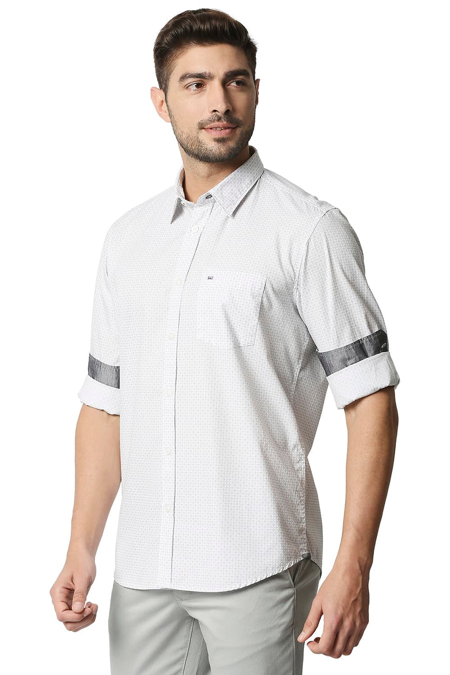 BASICS SLIM FIT CHIP GREY POPLIN PRINTED SHIRT