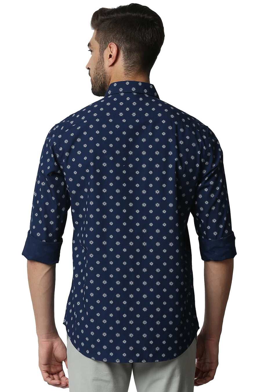 BASICS SLIM FIT ESTATE BLUE POPLIN PRINTED SHIRT