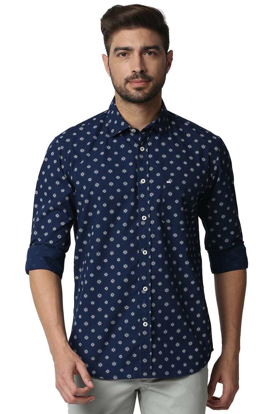 BASICS SLIM FIT ESTATE BLUE POPLIN PRINTED SHIRT