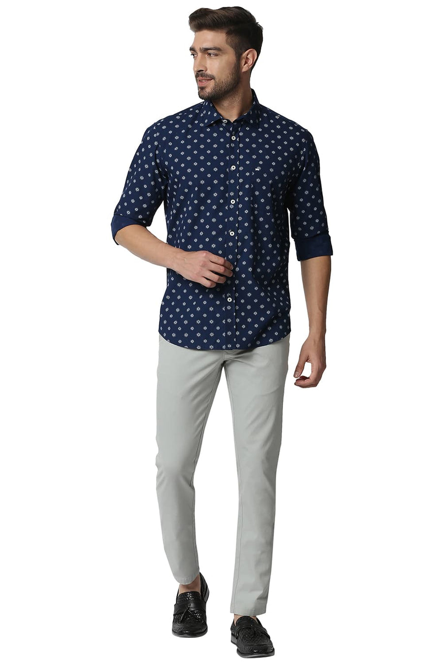 BASICS SLIM FIT ESTATE BLUE POPLIN PRINTED SHIRT