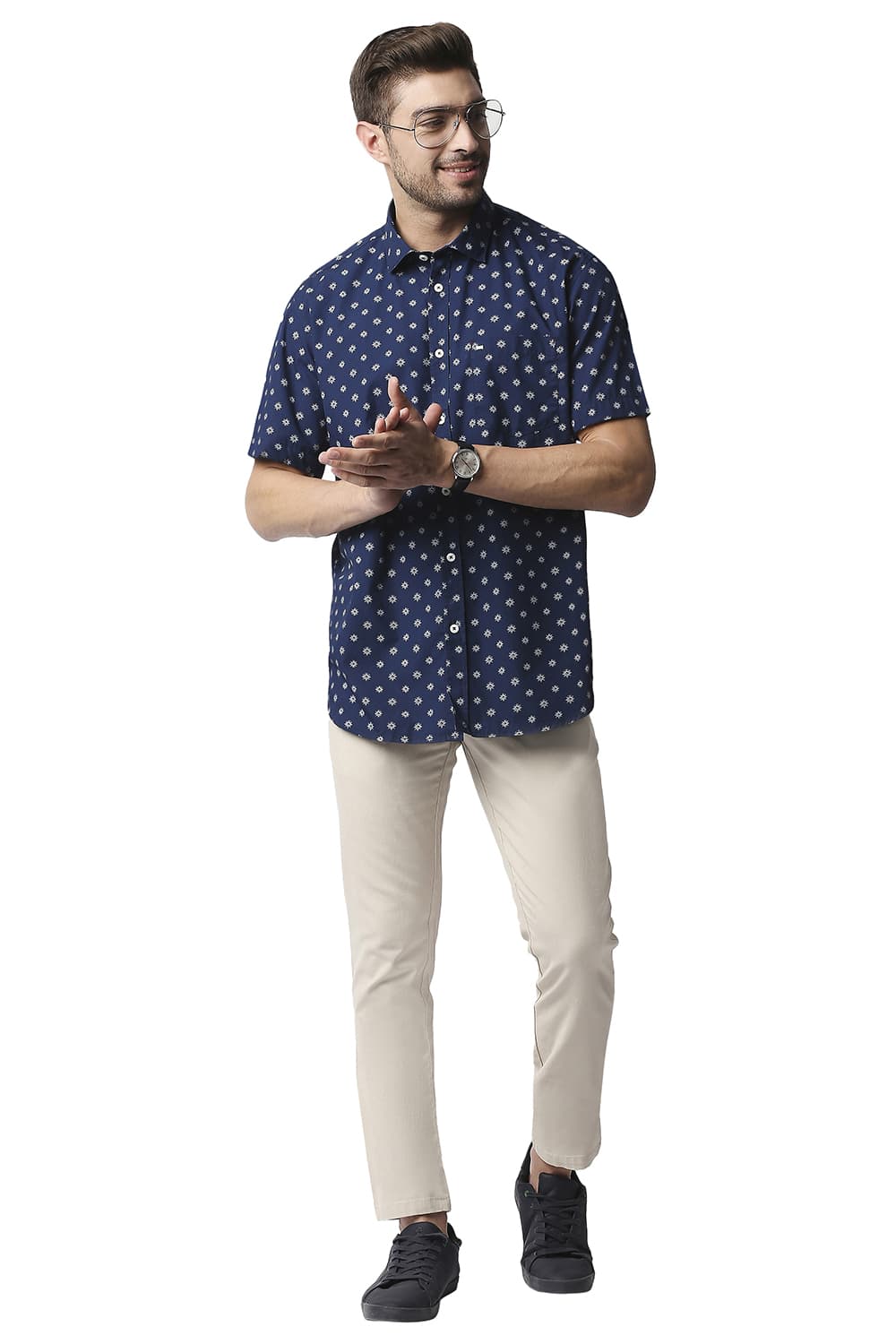 BASICS SLIM FIT POPLIN PRINTED HALFSLEEVES SHIRT