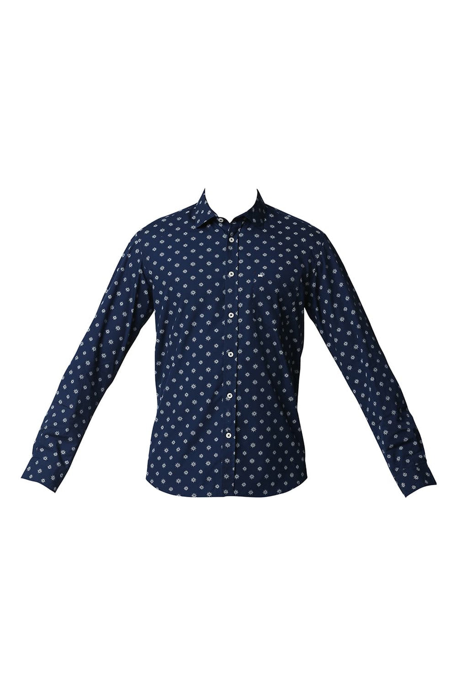 BASICS SLIM FIT ESTATE BLUE POPLIN PRINTED SHIRT
