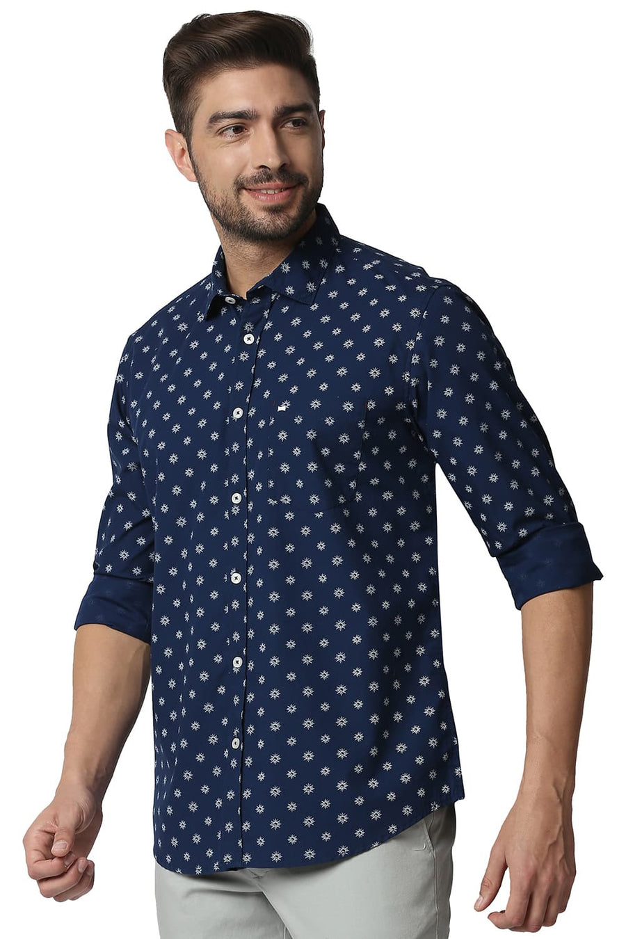 BASICS SLIM FIT ESTATE BLUE POPLIN PRINTED SHIRT