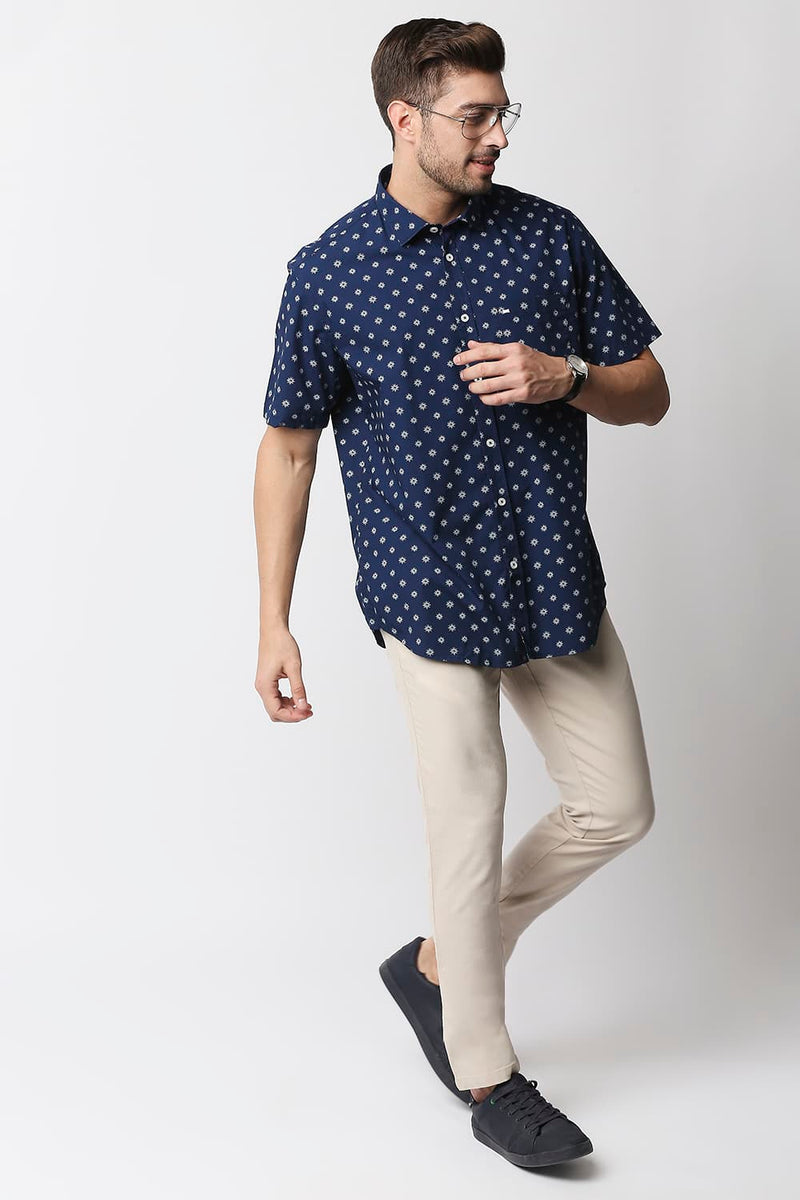 Slim Fit Poplin Printed Halfsleeves Shirt