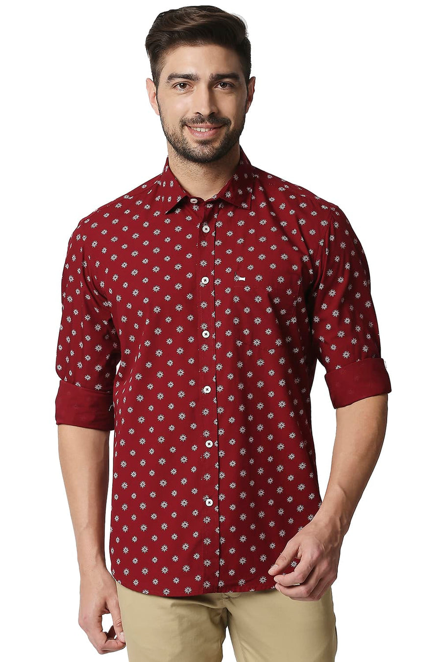 BASICS SLIM FIT PERSIAN RED POPLIN PRINTED SHIRT