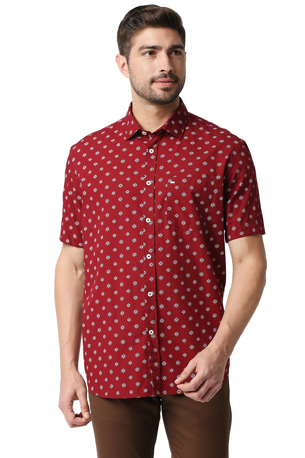 BASICS SLIM FIT POPLIN PRINTED HALFSLEEVES SHIRT