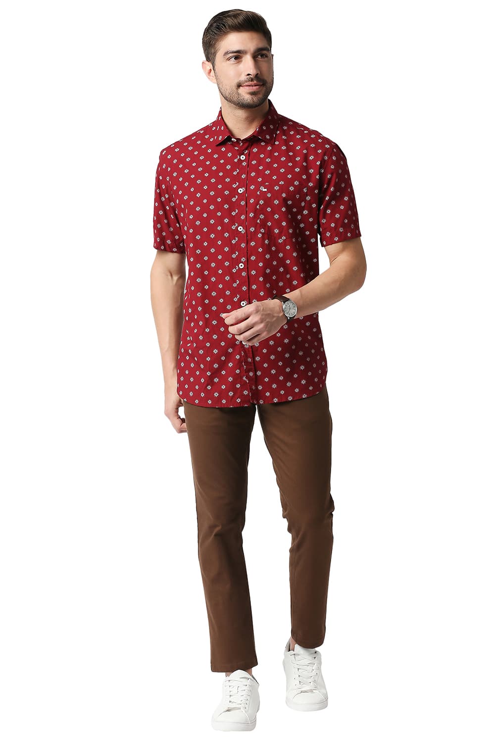 BASICS SLIM FIT POPLIN PRINTED HALFSLEEVES SHIRT