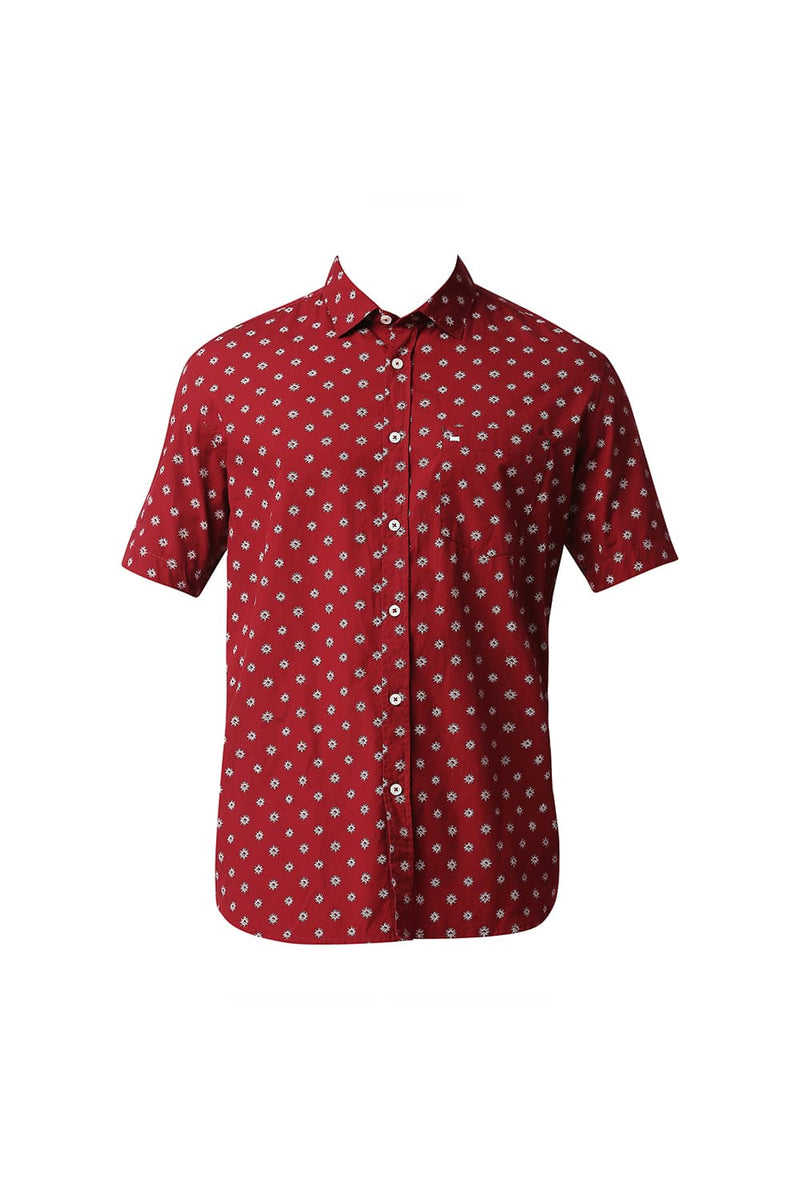 BASICS SLIM FIT POPLIN PRINTED HALFSLEEVES SHIRT