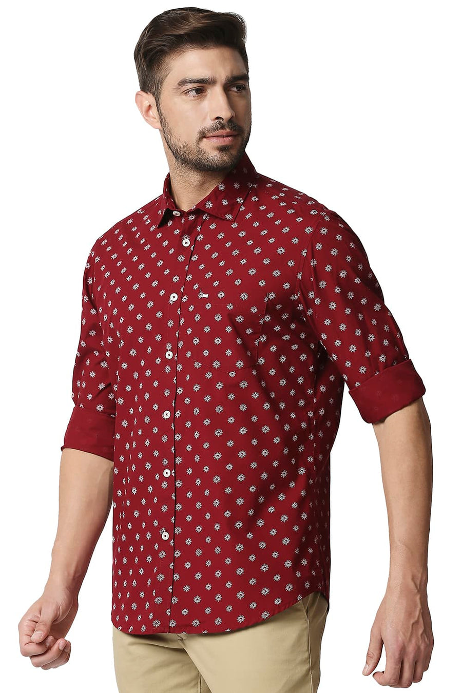 BASICS SLIM FIT PERSIAN RED POPLIN PRINTED SHIRT