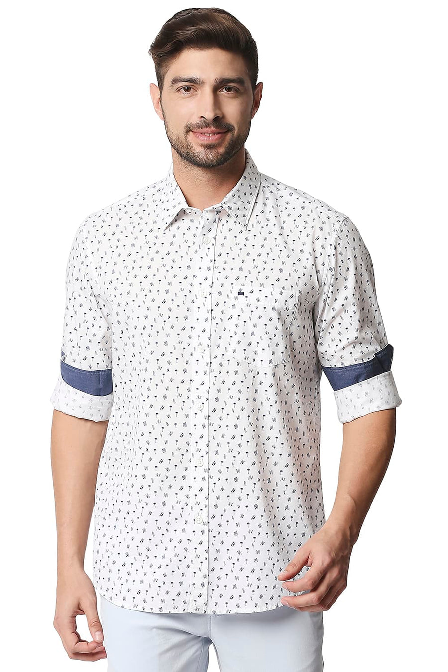 BASICS SLIM FIT CLOUD DANCER WHITE POPLIN PRINTED SHIRT