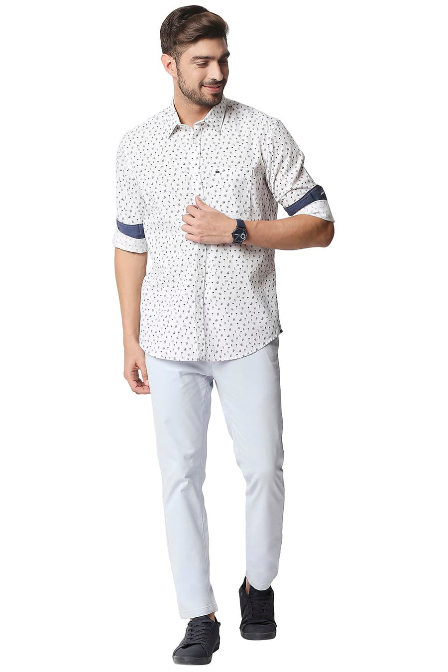 BASICS SLIM FIT CLOUD DANCER WHITE POPLIN PRINTED SHIRT