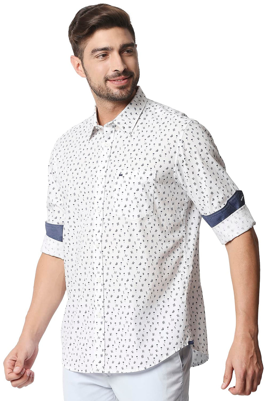 BASICS SLIM FIT CLOUD DANCER WHITE POPLIN PRINTED SHIRT