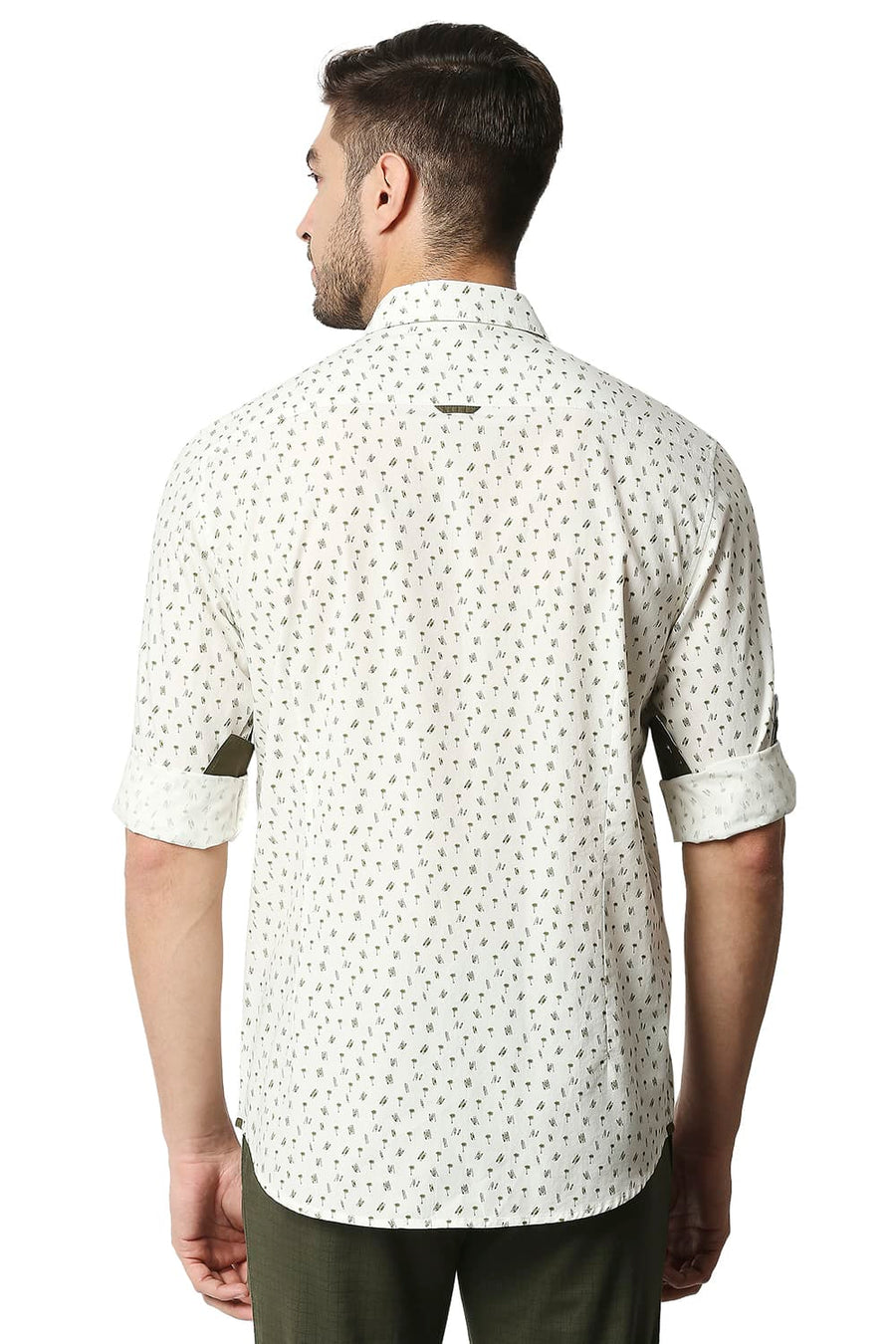 BASICS SLIM FIT AVOCADO GREEN POPLIN PRINTED SHIRT