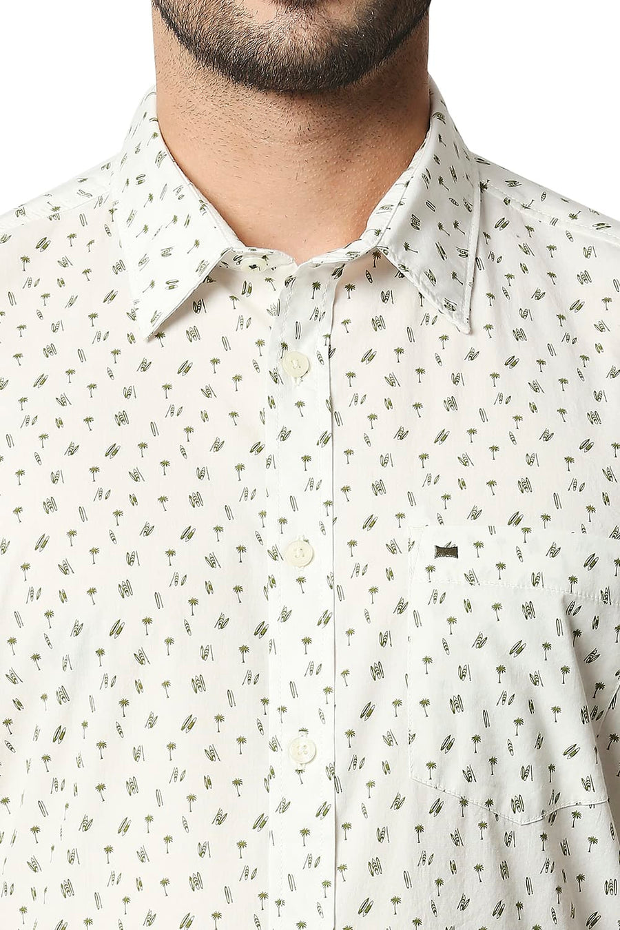 BASICS SLIM FIT AVOCADO GREEN POPLIN PRINTED SHIRT